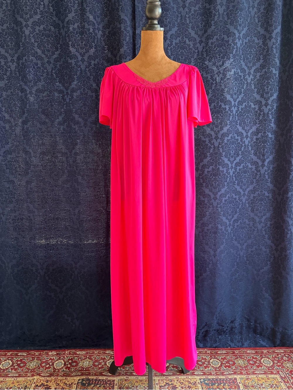 Vintage Miss Elaine Nylon Nightgown Chemise Slip Dress Pink Sz L Flutter Sleeve